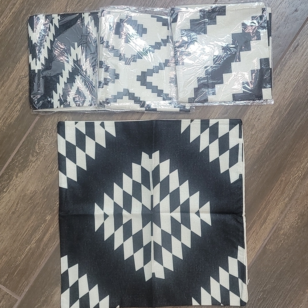Geometric Jute Pillow Cases Set of 4 Black Cream